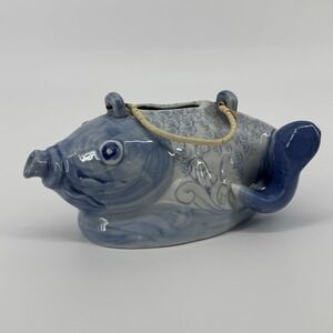 Blue White Hand Painted Ceramic Koi Fish Teapot Planter Vase Cachepot Coastal